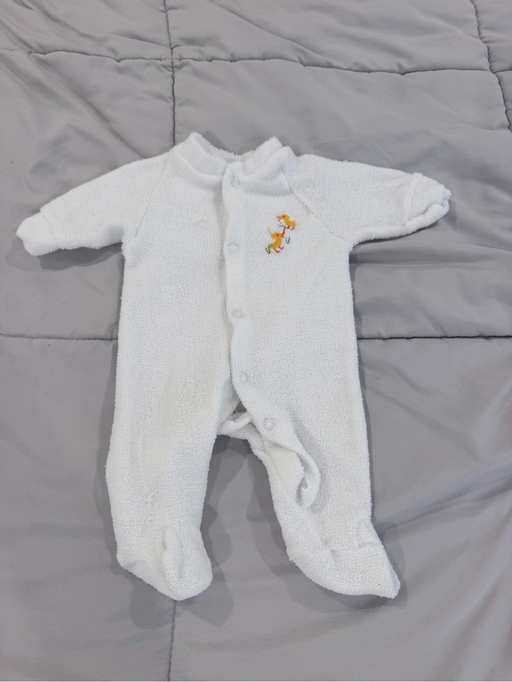 Vintage Newborn White Terry Cloth Footed Baby Sleeper with Duck Embroidery